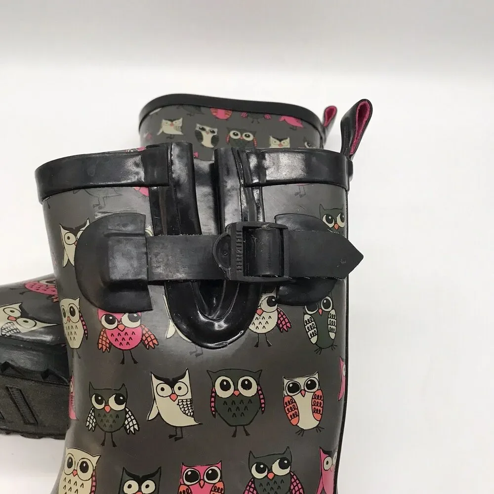 Capelli New York Shiny Pop Owl Printed Rain Boots Kid's 2 Gray Black Rain Gear